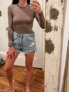 Long-Sleeve Fitted Crewneck body suit in Taupe